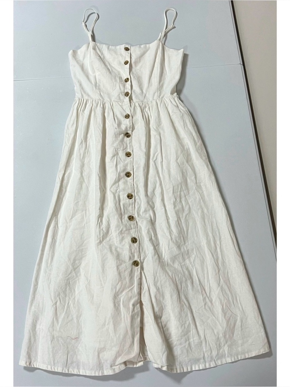 White Solid Button-Down Spaghetti Strap Linen Maxi Dress Gown Size S 🤍 #linen